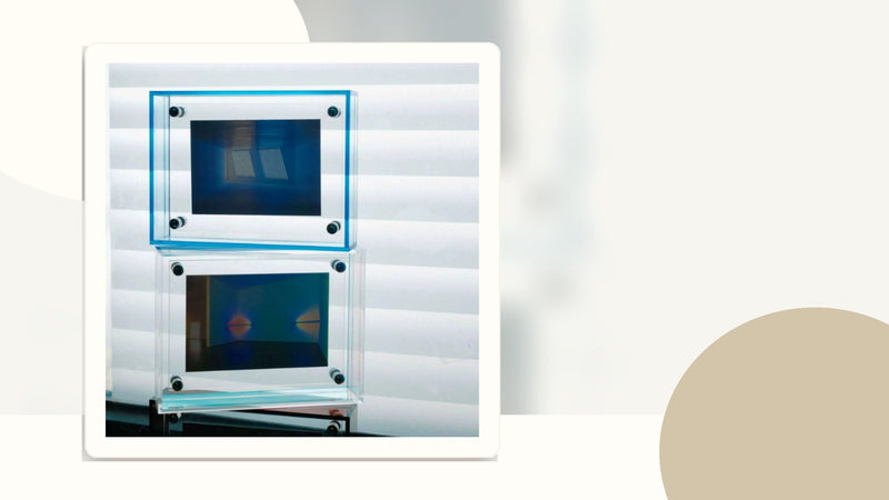 Blue and white mini acrylic frames for Polaroids Instax photos and small prints