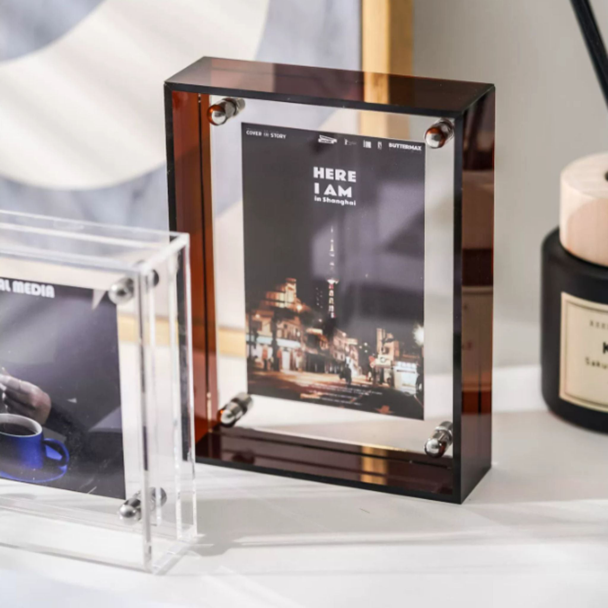 Mini Pop Series Acrylic Picture Frame – Chestnut | Thin Transparent Design | Warm Mini Display Frame