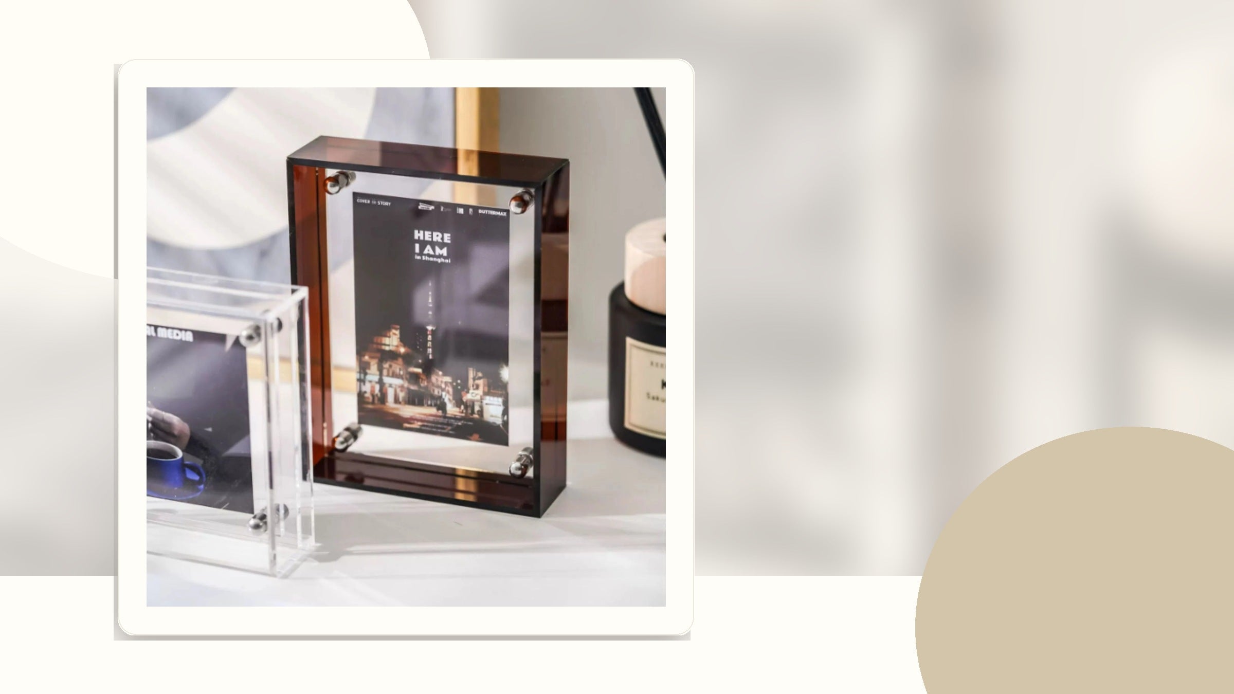 Brown mini acrylic picture frame styled for desks shelves nightstands and offices