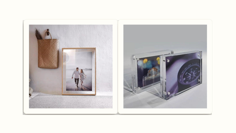 Solid wood and clear acrylic photo frames shown together for comparing frame styles